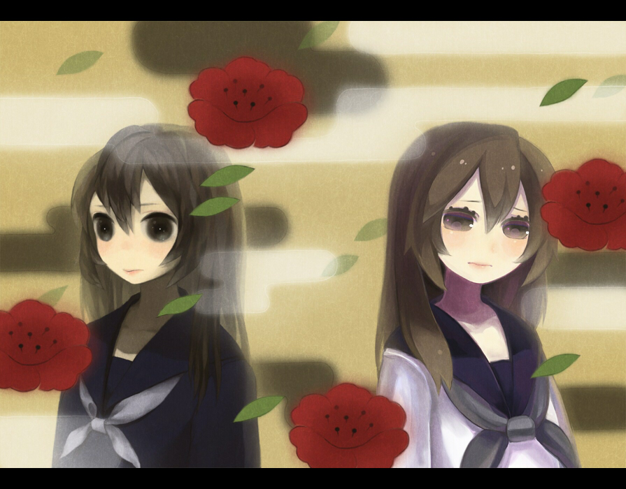 inase, bad id, bad pixiv id, blush, brown eyes, brown hair, flower, long hair, school uniform