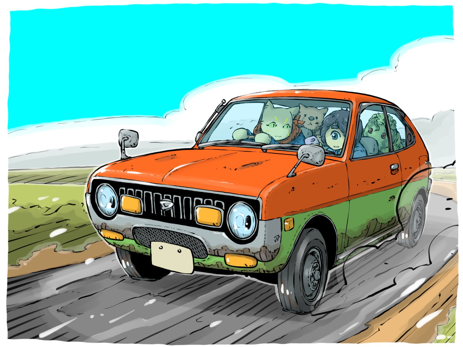 yabarn, original, highres, vehicle request, 1boy, 1girl, blue sky, car, cyclops, license plate, motor vehicle, one-eyed, road, side-view mirror, sky, vehicle focus
