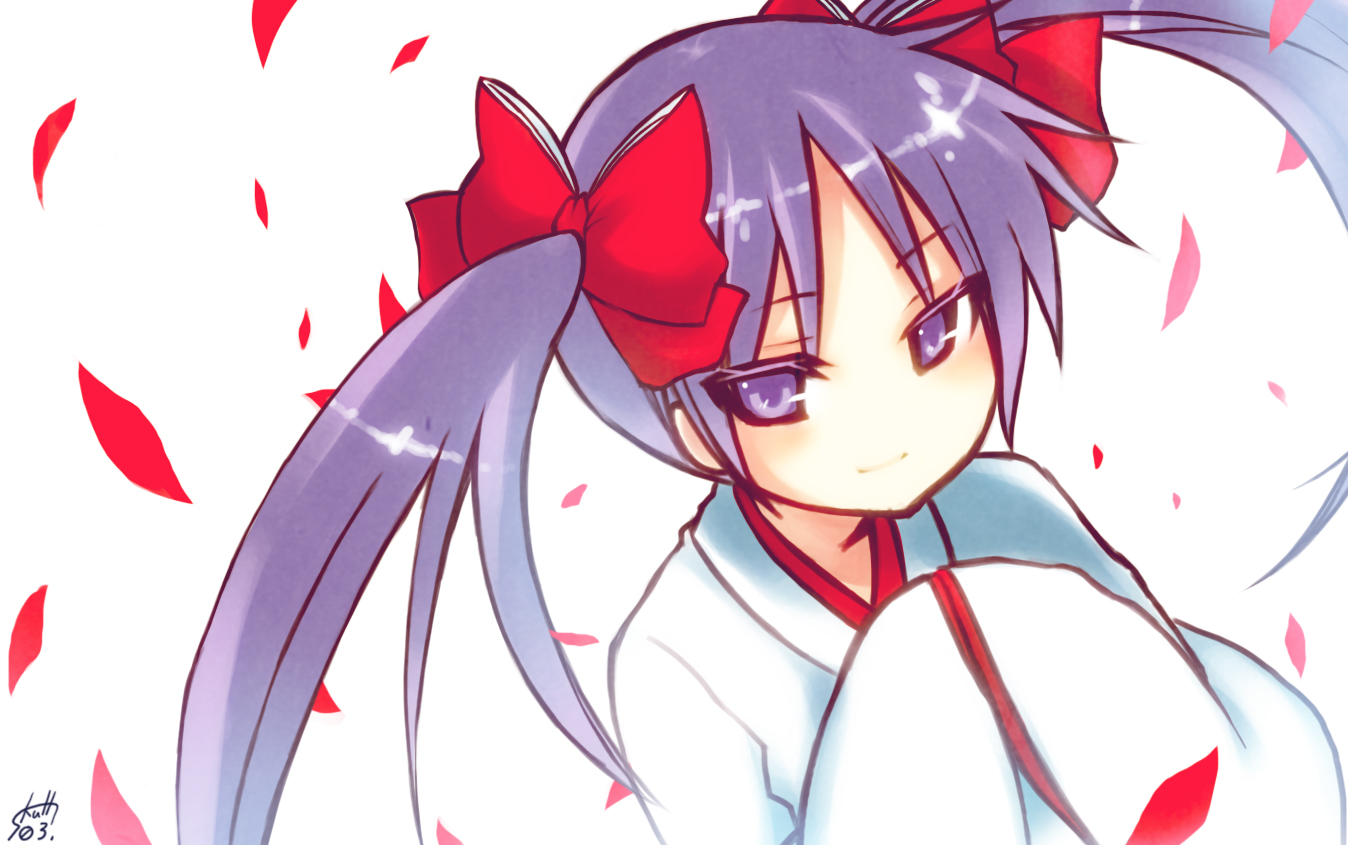 dancho (dancyo), skull.03, hiiragi kagami, lucky star, bad id, bad pixiv id, 00s, 1girl, female focus, hair ribbon, japanese clothes, long hair, miko, purple eyes, purple hair, ribbon, smile, solo, tsurime, twintails