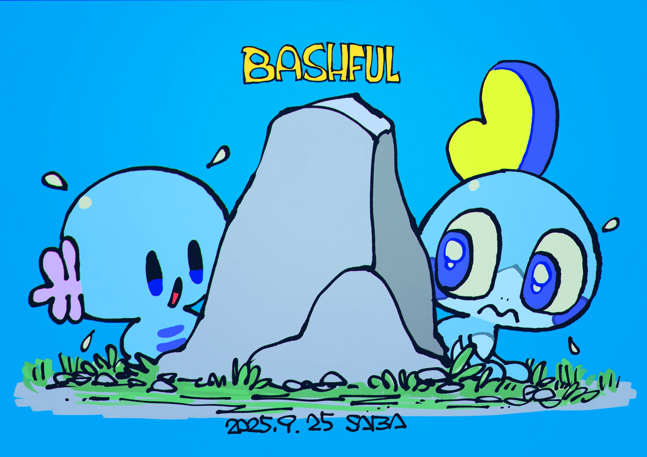 saba hokke, sobble, wooper, nintendo, pokemon, commentary request, highres, animal focus, artist name, blue background, blue eyes, closed mouth, dated, english text, flying sweatdrops, gen 2 pokemon, gen 8 pokemon, grass, no humans, nostrils, open mouth, pokemon (creature), pokemon focus, rock, simple background, wavy mouth