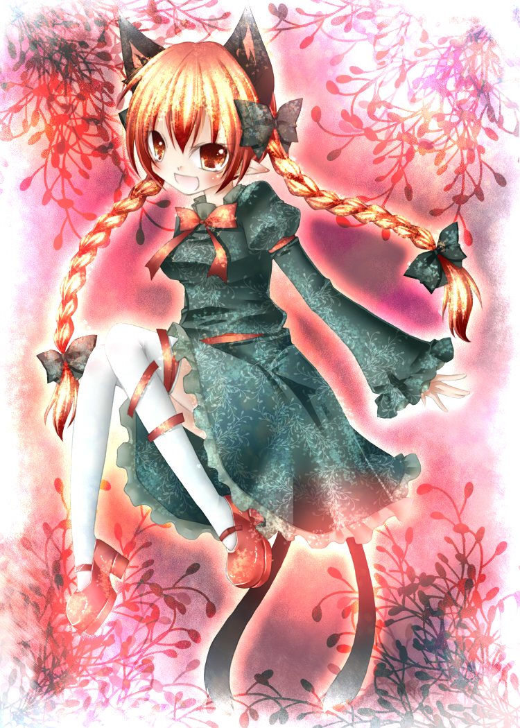 kanaduki jiru, kannazuki jiru, kaenbyou rin, touhou, bad id, bad pixiv id, 1girl, animal ears, braid, cat ears, cat girl, cat tail, female focus, hair ribbon, multiple tails, red eyes, red hair, ribbon, solo, tail, thighhighs, twin braids, twintails