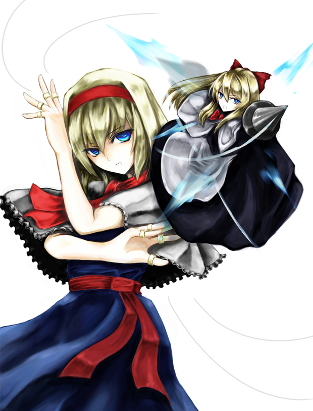 blackwing phoenix, alice margatroid, shanghai doll, touhou, bad id, bad pixiv id, 2girls, blonde hair, blue eyes, doll, female focus, hairband, lance, long hair, multiple girls, polearm, short hair, solo, standing, string, weapon, white background