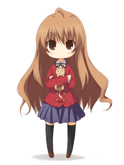 kohinata sora, aisaka taiga, toradora!, 00s, black thighhighs, blouse, brown eyes, brown hair, brown shoes, cat, chibi, collared shirt, long hair, school uniform, shirt, shoes, solo, thighhighs, white shirt