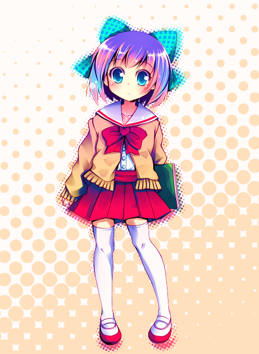 npon515, kouzuki mio, one – kagayaku kisetsu e, 00s, 1girl, blue hair, bob cut, book, female focus, full body, hair ornament, hair ribbon, legs, long sleeves, miniskirt, multicolored hair, pink hair, ribbon, school uniform, shoes, short hair, skirt, sleeves past wrists, solo, standing, thighhighs, two-tone hair, white thighhighs, zettai ryouiki