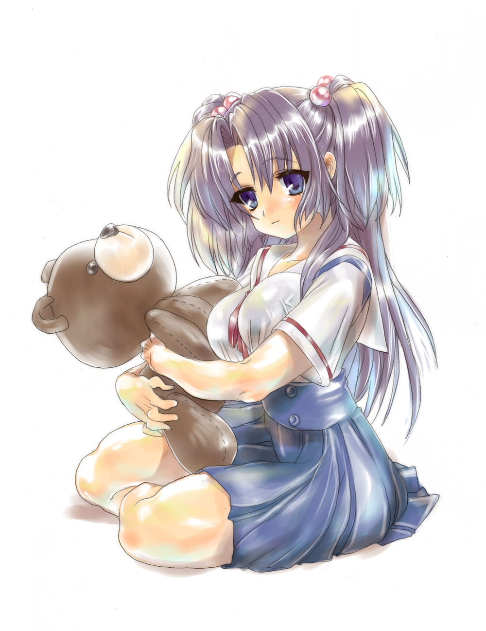 yanyo (ogino atsuki), ichinose kotomi, clannad, bad id, bad pixiv id, highres, 00s, 1girl, blue hair, female focus, hair bobbles, hair ornament, kneeling, long hair, purple eyes, school uniform, solo, stuffed animal, stuffed toy, teddy bear, twintails, two side up