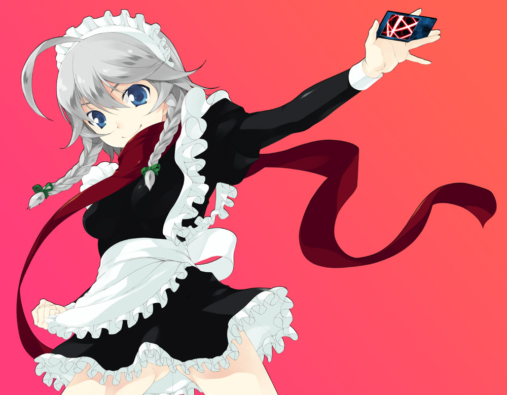 shirota dai, izayoi sakuya, perfect cherry blossom, touhou, silver hair, 1girl, blue eyes, braid, female focus, long hair, maid, scarf, simple background, solo, spell card, twin braids