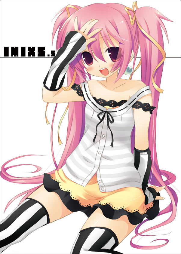 sazaki ichiri, detached sleeves, dress, earrings, jewelry, long hair, patterned legwear, pink hair, shirt, solo, striped clothes, striped shirt, striped thighhighs, thighhighs, twintails, vertical-striped clothes, vertical-striped thighhighs, yellow dress