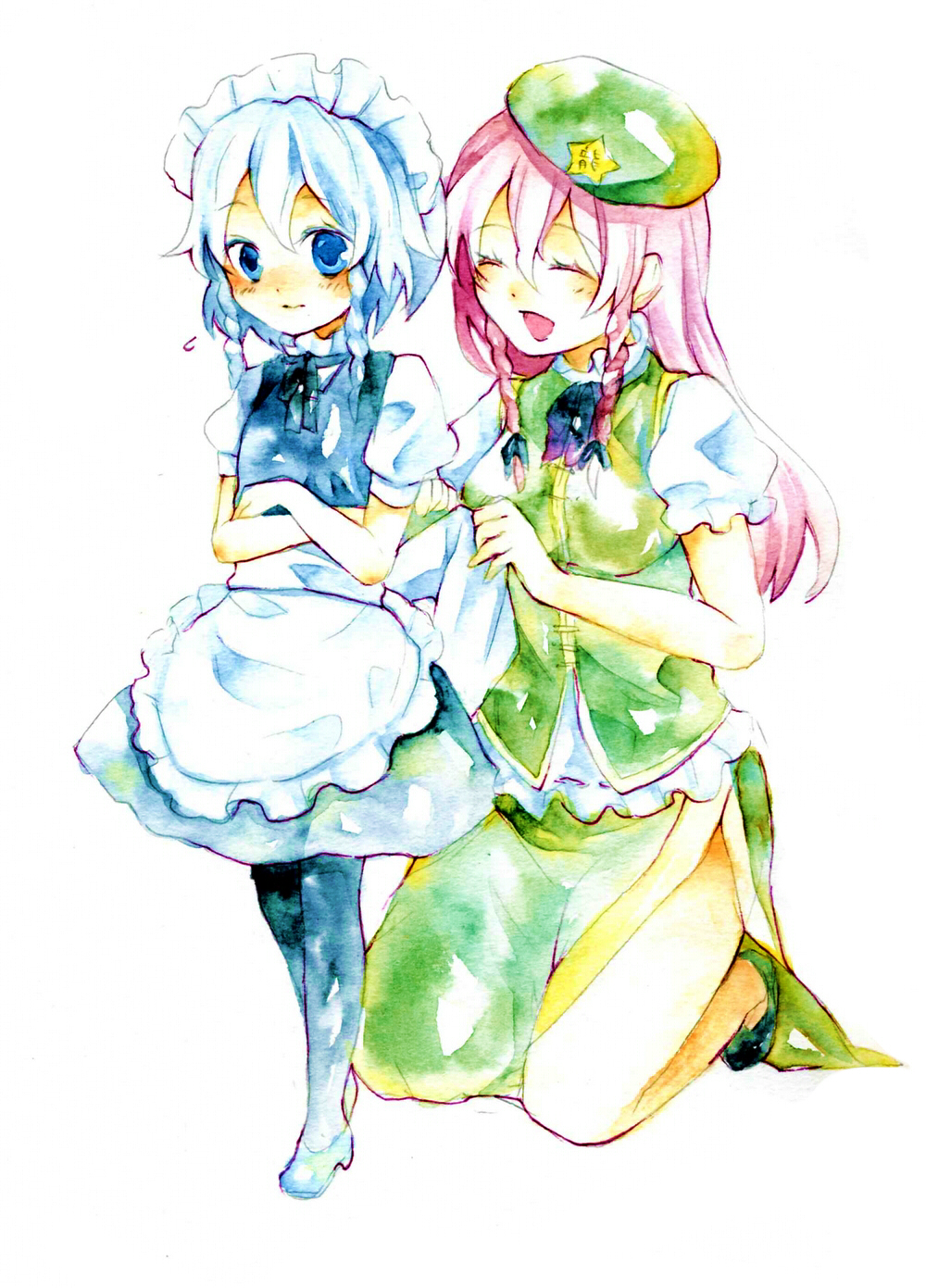 legomaru, hong meiling, izayoi sakuya, embodiment of scarlet devil, touhou, silver hair, bad id, bad pixiv id, highres, painting (medium), traditional media, watercolor (medium), 2girls, aged down, blue eyes, blush, braid, china dress, chinese clothes, closed eyes, colorful, dress, female focus, hairband, hat, long hair, maid, multiple girls, pantyhose, red hair, ribbon, short hair, twin braids