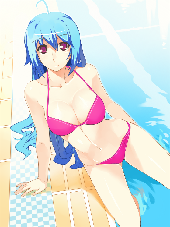 ryuuta, ryuuta (msxtr), original, 1girl, ahoge, arm support, bikini, blue hair, breasts, cleavage, female focus, light smile, long hair, looking at viewer, pink bikini, pool, poolside, purple eyes, soaking feet, solo, swimsuit