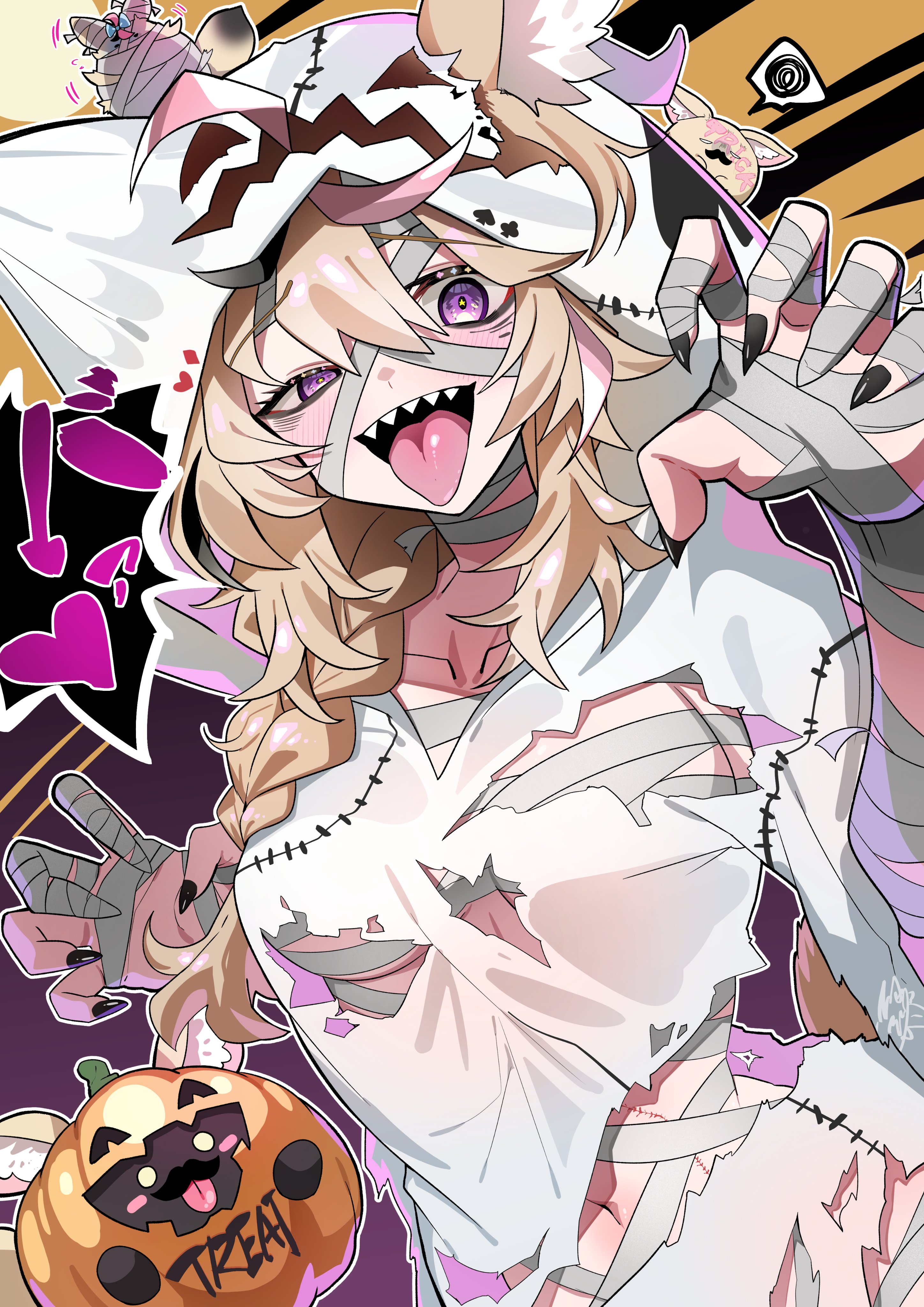 sui hi sf, omaru polka, zain (omaru polka), hololive, absurdres, highres, 1girl, animal ear fluff, animal ears, black nails, blonde hair, breasts, collarbone, fox ears, fox girl, hair through hood, halloween costume, heart, jack-o'-lantern, long braid, multicolored hair, mummy costume, navel, pink hair, purple eyes, shadow, sharp teeth, stitched torso, stitches, streaked hair, teeth, tongue, tongue out, torn clothes, upper teeth only, virtual youtuber