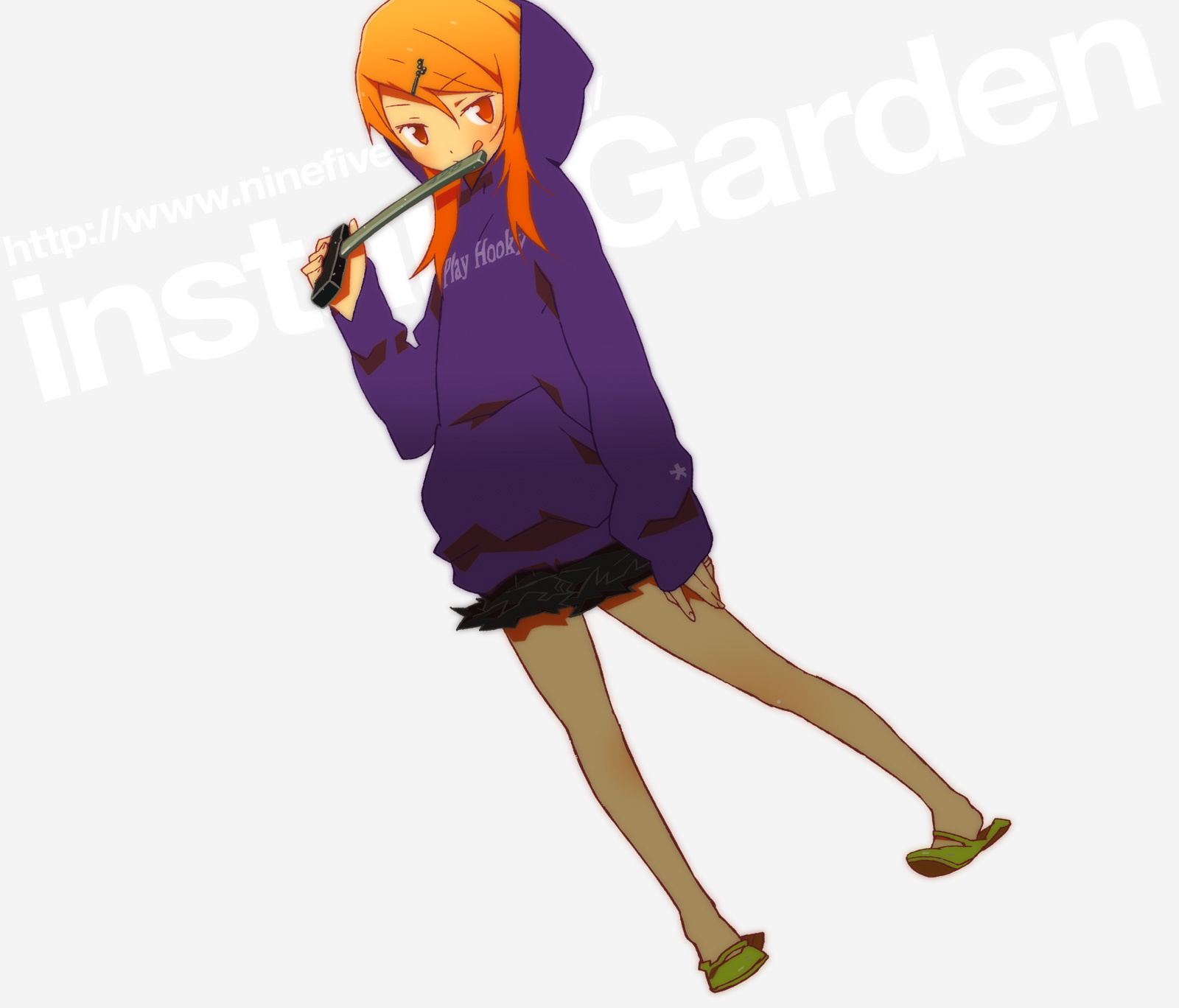 hara (artist), hara kazuhiro, original, highres, 1girl, :p, dutch angle, female focus, hair ornament, hairclip, hammer, hood, hoodie, long sleeves, matching hair/eyes, miniskirt, orange eyes, orange hair, shoes, sidelocks, skirt, sleeves past wrists, smile, solo, standing, tongue, tongue out