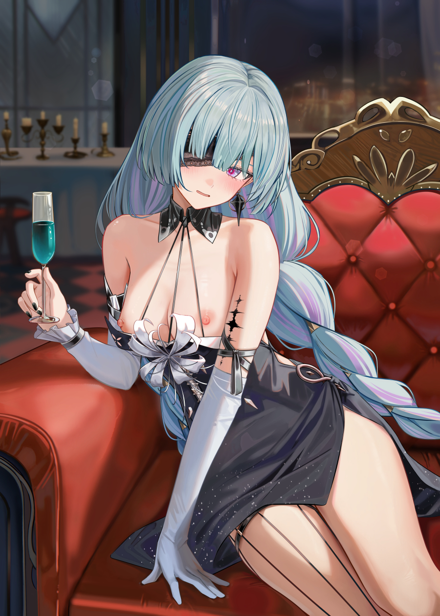 ru zhai, phrolova (wuthering waves), wuthering waves, commentary, highres, paid reward available, symbol-only commentary, 1girl, adapted costume, alternate costume, armpit crease, bare shoulders, black dress, black nails, blush, braid, breasts, cup, dress, drinking glass, earrings, elbow gloves, gloves, grey eyes, grey hair, halter dress, halterneck, holding, holding cup, indoors, jewelry, long hair, low twin braids, medium breasts, multicolored hair, nail polish, nipples, one eye covered, parted lips, red pupils, sitting, solo, streaked hair, tacet mark (wuthering waves), thighs, twin braids, very long hair, white gloves