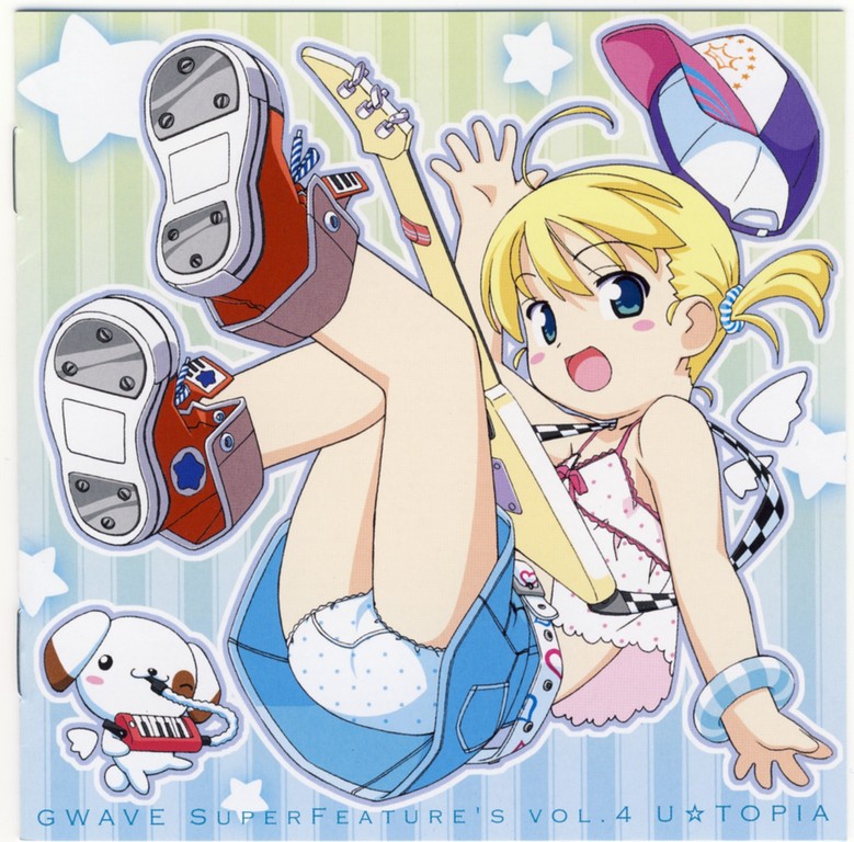 kuuchuu yousai, original, 1girl, ass, blonde hair, blue eyes, blue panties, blue polka dots, blush, boots, camisole, female focus, guitar, hat, instrument, keyboard (instrument), lace, lace-trimmed panties, lace trim, loli, melodica, miniskirt, panties, pantyshot, polka dot, polka dot panties, short hair, short twintails, skirt, solo, twintails, underwear, upskirt, white panties