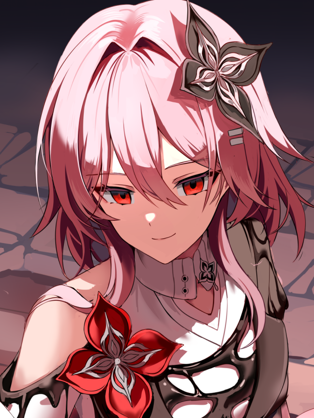 silence girl, evernight (honkai: star rail), march 7th (honkai: star rail), honkai: star rail, honkai (series), unfinished, 1girl, black flower, closed mouth, flower, hair between eyes, hair flower, hair ornament, long hair, official alternate costume, official alternate eye color, pink hair, red eyes, single bare shoulder, smile, solo, upper body