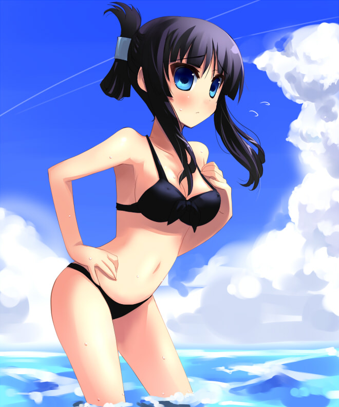shin (new), akiyama mio, k-on!, 00s, 1girl, alternate hairstyle, bikini, black bikini, black hair, blue eyes, breasts, cleavage, cloud, day, female focus, hand on own hip, medium breasts, navel, sky, solo, swimsuit, wading, water