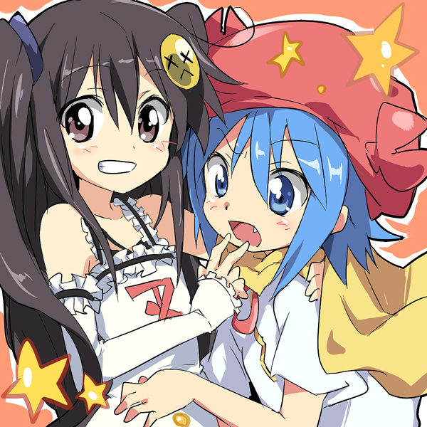 maruki (punchiki), ixy-chan, kanikama-chan, bad id, bad pixiv id, black hair, blue hair, dress, elbow gloves, fang, gloves, hat, short hair, smile, twintails