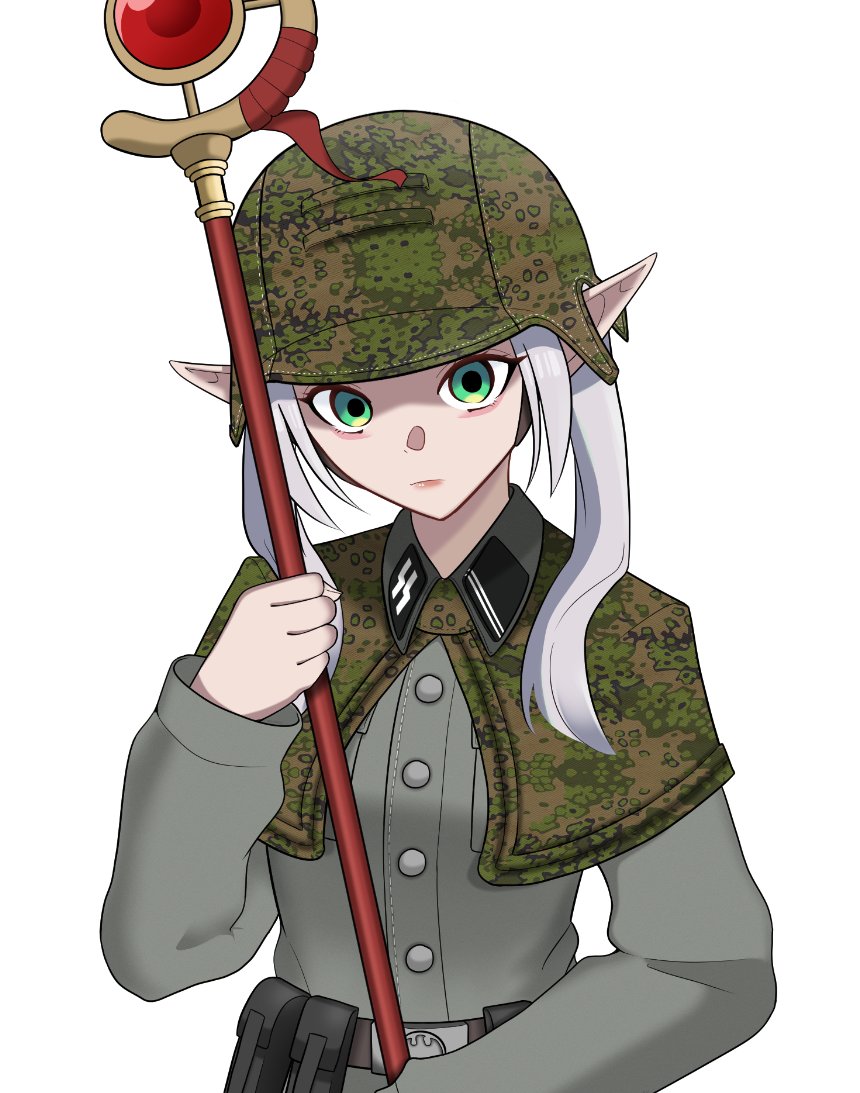 koalakanru, frieren, sousou no frieren, 1girl, alternate costume, camouflage, camouflage helmet, capelet, closed mouth, elf, green eyes, grey hair, helmet, holding, holding staff, long hair, long sleeves, looking at viewer, nazi, pointy ears, reichsadler, runes, siegrunen, simple background, solo, ss insignia, ss uniform, staff, staring, twintails, waffen-ss, white background, white hair