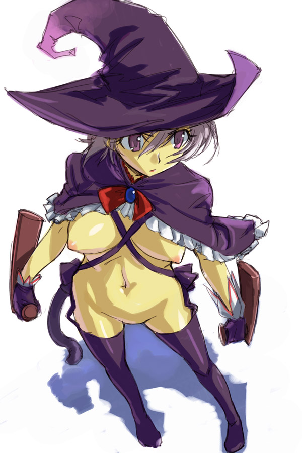 michael f91, 1girl, breasts, cape, female focus, gloves, hat, large breasts, navel, nipples, no panties, purple eyes, purple thighhighs, short hair, solo, tail, thighhighs, tonfa, weapon, witch hat