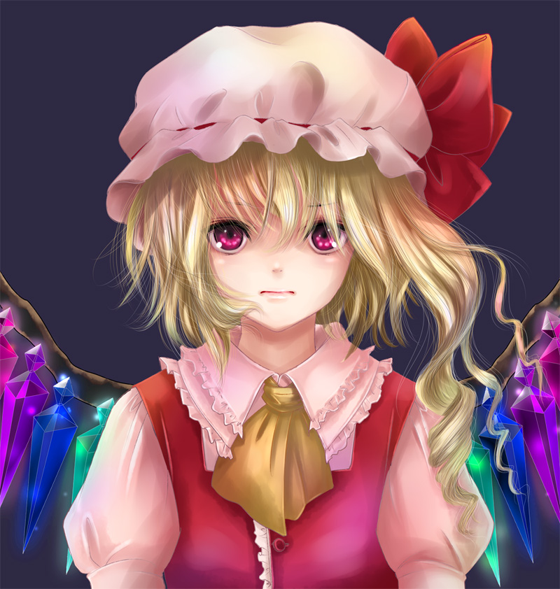 kubozuka pikurou, flandre scarlet, touhou, 1girl, blonde hair, blouse, collared shirt, female focus, hair between eyes, hat, mob cap, one side up, ponytail, red eyes, shirt, short hair, side ponytail, simple background, solo, white hat, white shirt, wings