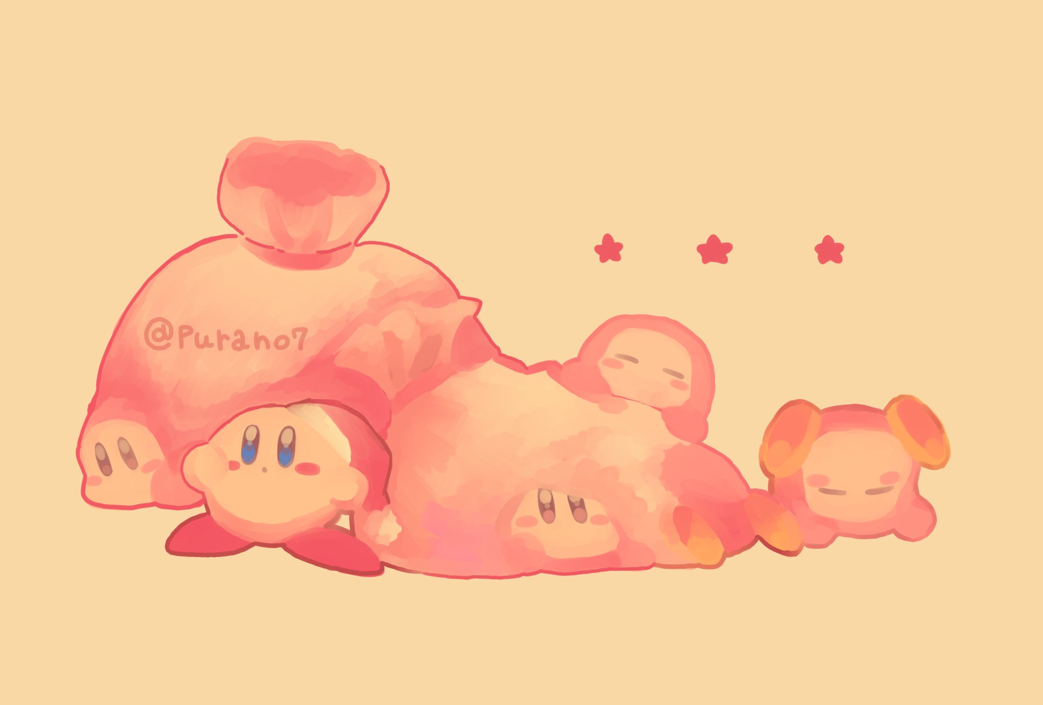 purano7, kirby, kirby (series), nintendo, highres, :o, artist name, bag, blush stickers, closed mouth, colored skin, hat, no humans, orange theme, pink skin, red shoes, santa hat, shoes, simple background, star (symbol), warm colored, yellow background, yellow shoes