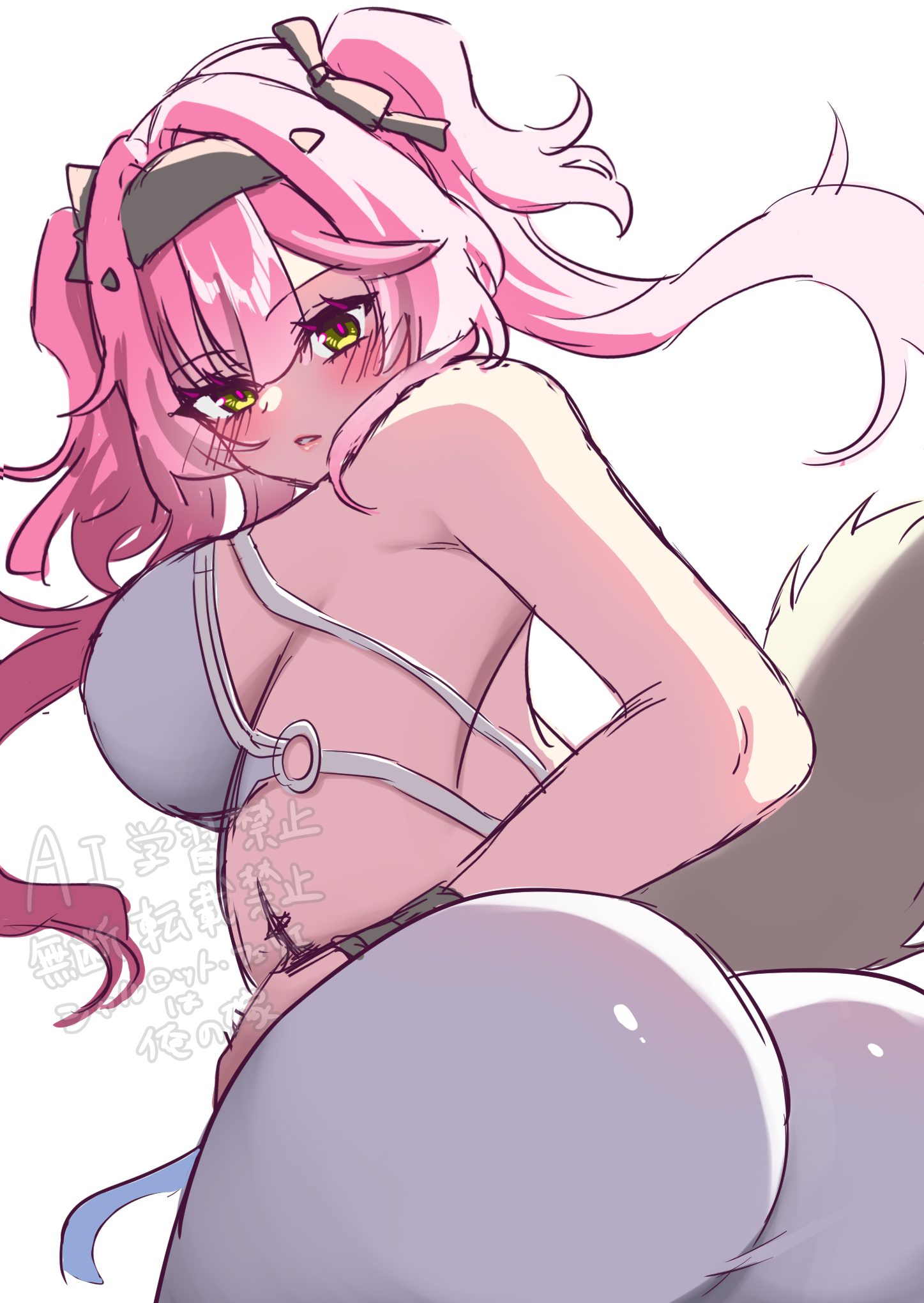 uissu, lupa (wuthering waves), wuthering waves, commentary request, highres, 1girl, ass, bare shoulders, black bow, black hairband, blush, bow, breasts, hair bow, hairband, large breasts, long hair, looking at viewer, looking to the side, multiple hair bows, parted lips, pink hair, red pupils, simple background, solo, tacet mark (wuthering waves), tail, watermark, white background, wolf tail, yellow eyes