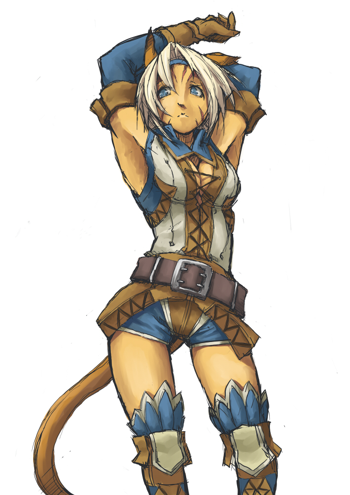 suzuno (bookshelf), mithra (ff11), final fantasy, final fantasy xi, bad id, bad pixiv id, 00s, 1girl, animal ears, armpits, belt, blonde hair, blue eyes, breasts, cat ears, cat girl, cat tail, cleavage, elbow gloves, female focus, gloves, pointy ears, short hair, solo, tail, thighhighs, white hair