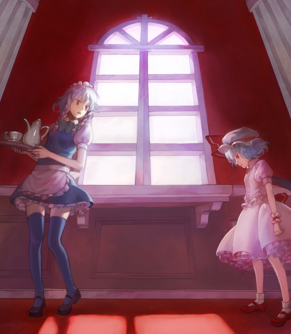 esukee, izayoi sakuya, remilia scarlet, touhou, silver hair, 2girls, blue hair, blue thighhighs, bow, braid, cup, female focus, fisheye, frills, from below, gathers, hair bow, hairband, hat, holding, legs, looking back, looking down, maid, maid headdress, mary janes, multiple girls, red eyes, shoes, short hair, skirt, socks, standing, teacup, teapot, thighhighs, tray, twin braids, white socks, window, wings, wrist cuffs, zettai ryouiki