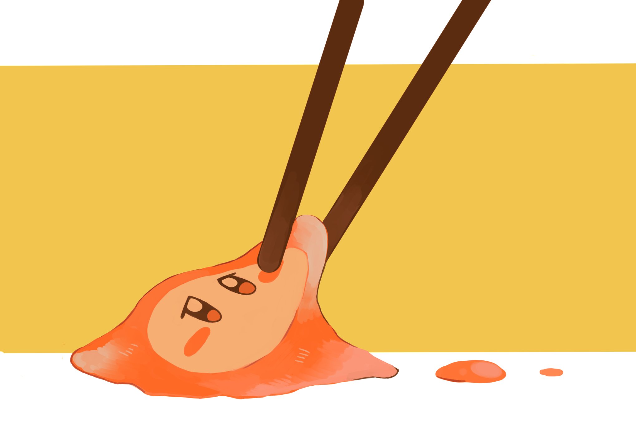 purano7, waddle dee, kirby (series), nintendo, highres, blush stickers, chopsticks, food, no humans, simple background, slime (substance), two-tone background, warm colored, white background, yellow background