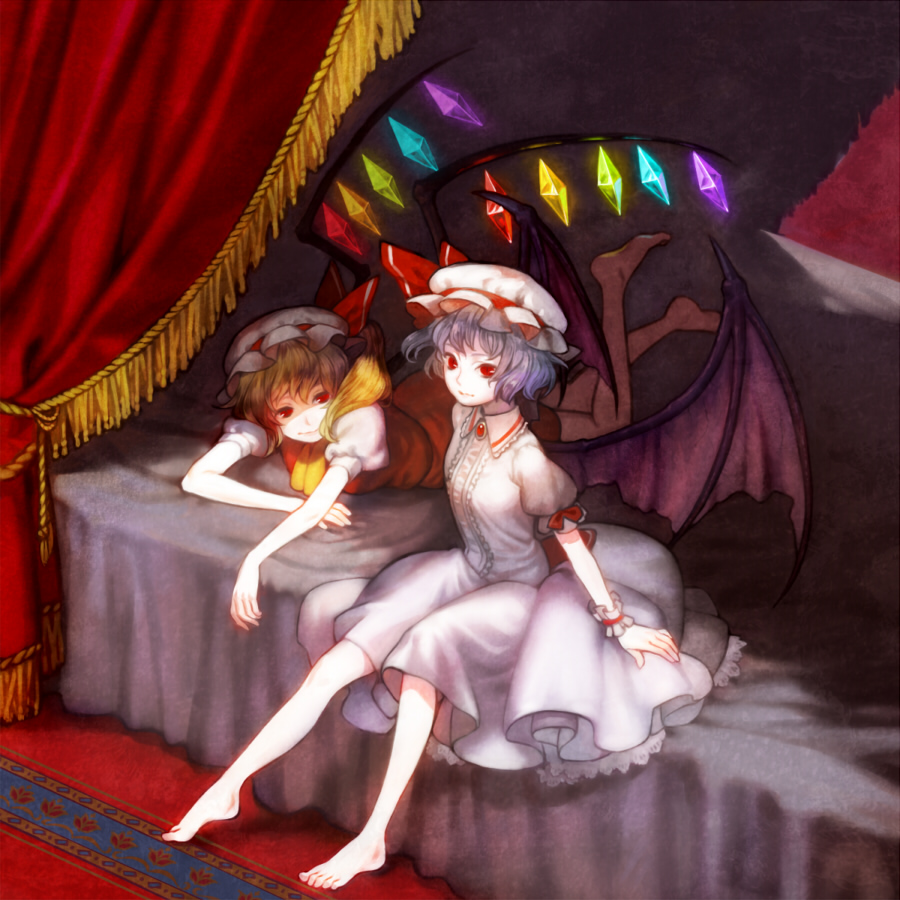 esukee, flandre scarlet, remilia scarlet, touhou, light purple hair, 2girls, barefoot, bat wings, bed, blonde hair, blue hair, curtains, feet, female focus, hat, legs, legs up, lying, multiple girls, on stomach, ponytail, red eyes, short hair, siblings, side ponytail, sisters, sitting, wings, wrist cuffs