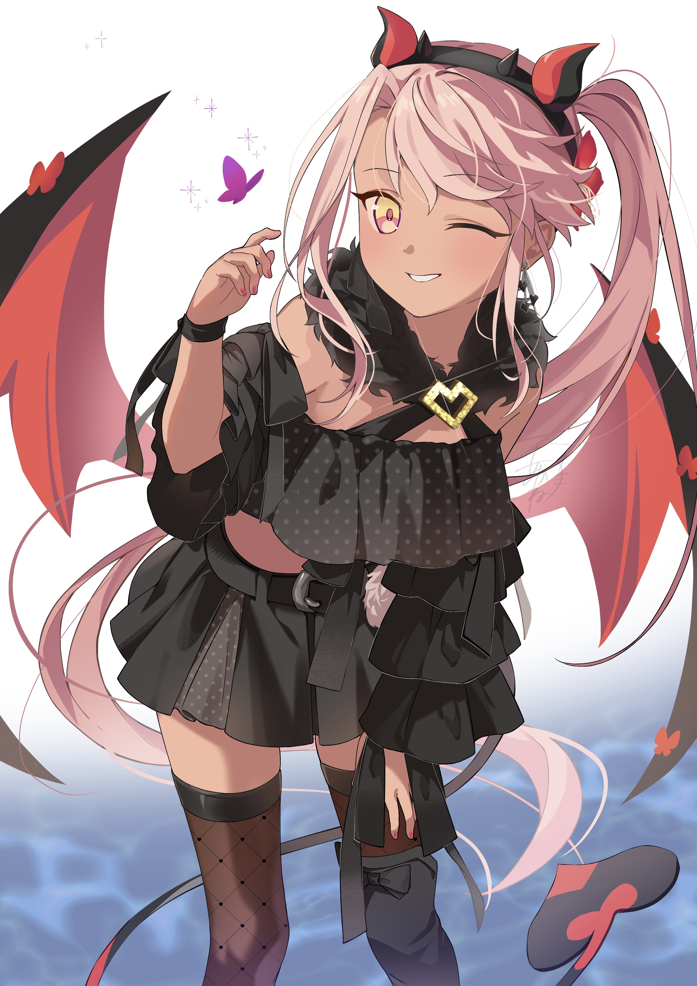 akaneko016, chloe von einzbern, chloe von einzbern (celebratory attire), fate/grand order, fate (series), absurdres, highres, 1girl, bare shoulders, blush, breasts, dark-skinned female, dark skin, demon horns, demon tail, demon wings, grin, horns, long hair, long sleeves, looking at viewer, navel, one eye closed, orange eyes, pink hair, small breasts, smile, solo, stomach tattoo, tail, tattoo, thighhighs, wings