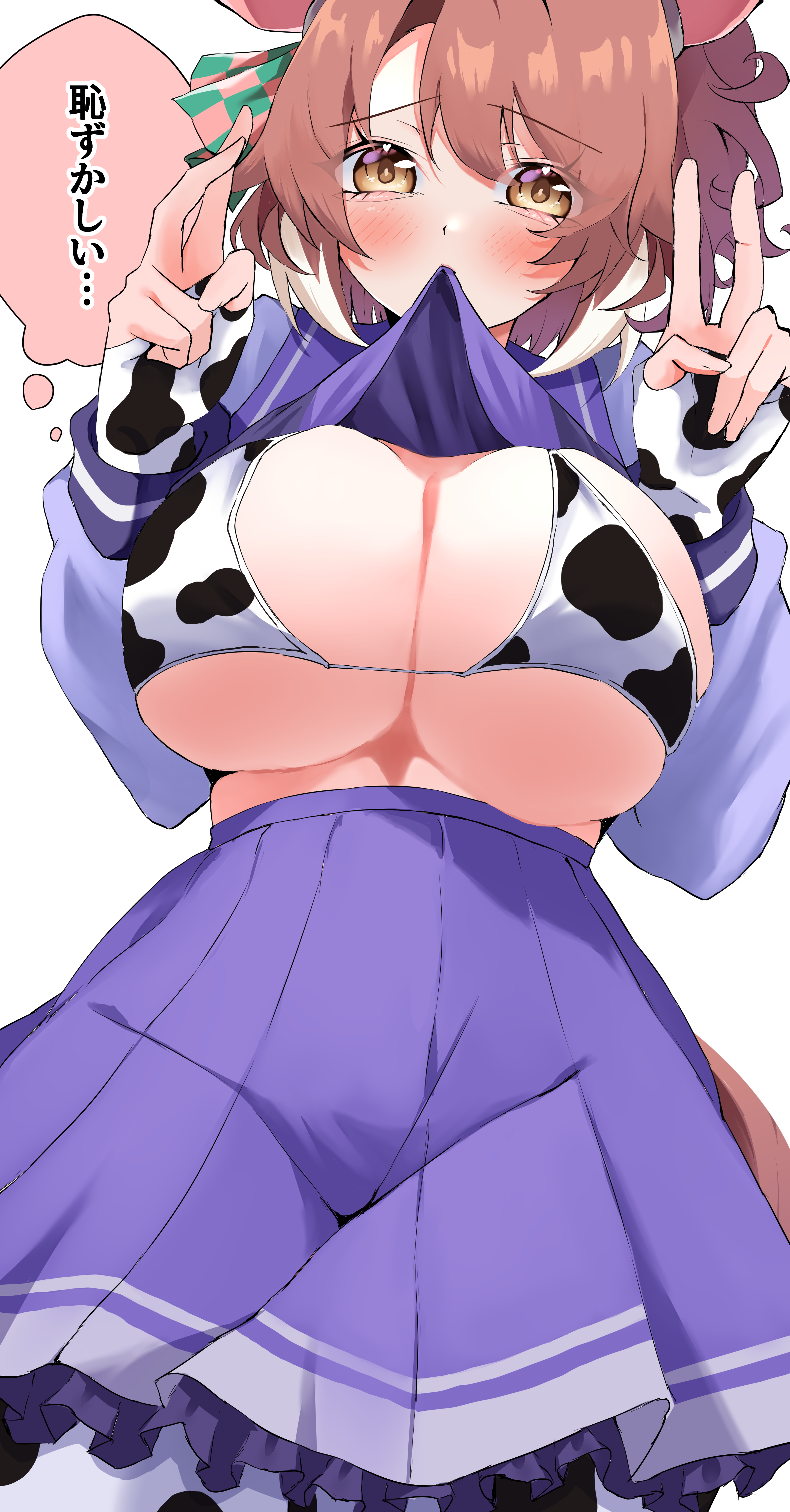 potechitarou, dantsu flame (umamusume), umamusume, absurdres, highres, translation request, 1girl, animal ears, animal print, bikini, bikini under clothes, blush, breasts, brown eyes, brown hair, cleavage, clothes lift, cow print, cow print bikini, cow print gloves, cow print thighhighs, double v, fingerless gloves, gloves, horse ears, horse girl, large breasts, long sleeves, looking at viewer, mouth hold, print bikini, print gloves, print thighhighs, purple sailor collar, purple shirt, purple skirt, sailor collar, school uniform, shirt, shirt lift, simple background, skirt, solo, speech bubble, swimsuit, thighhighs, tracen school uniform, v, white background, white streaks