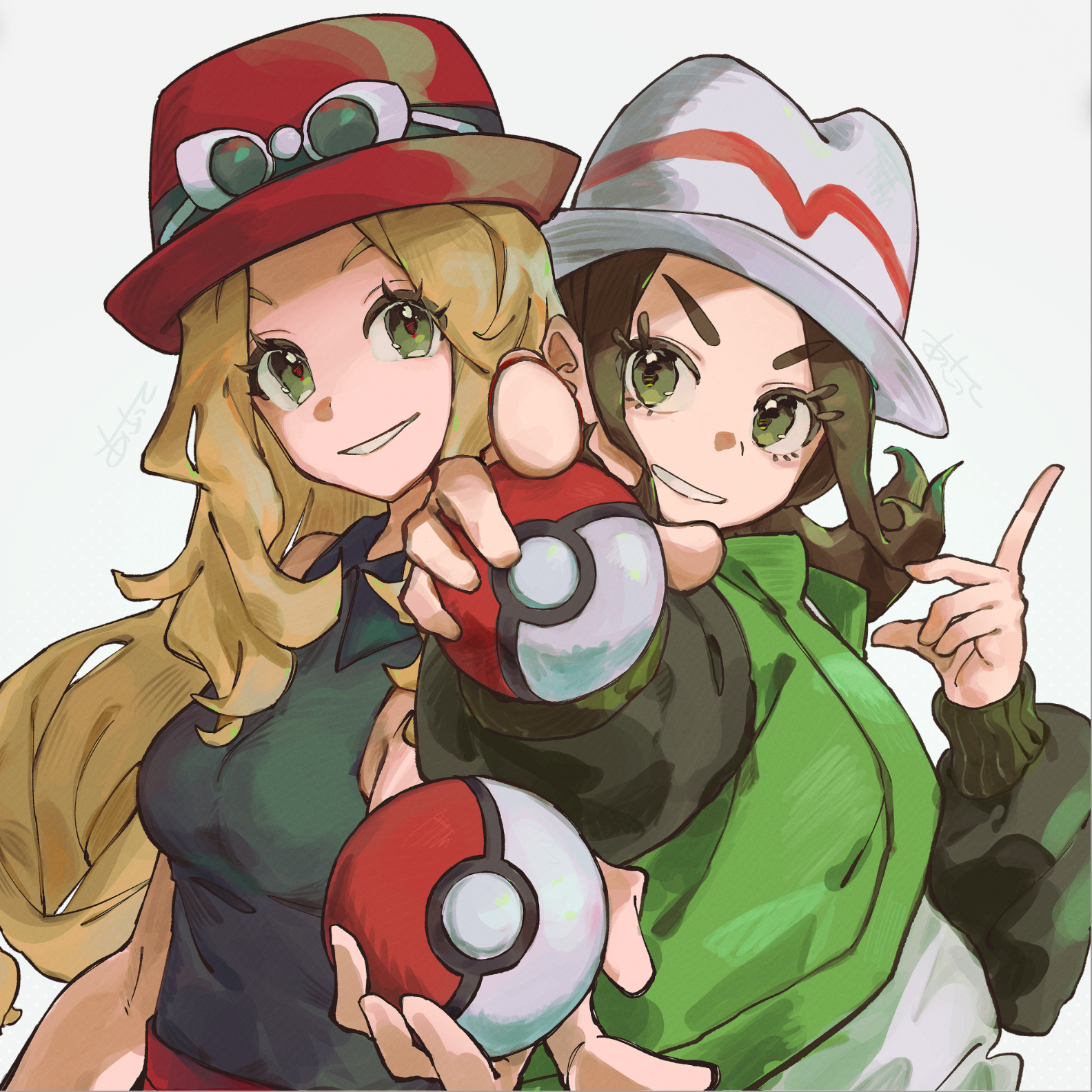 asatte 3z, harmony (pokemon), serena (pokemon), nintendo, pokemon, pokemon legends: z-a, pokemon xy, commentary request, highres, 2girls, blonde hair, breasts, brown hair, eyewear on headwear, green eyes, green jacket, grin, hat, holding, holding poke ball, in-franchise crossover, index finger raised, jacket, long hair, long sleeves, looking at viewer, multiple girls, open clothes, open jacket, open mouth, poke ball, poke ball (basic), red hat, red skirt, shirt, short hair, simple background, skirt, sleeveless, sleeveless shirt, smile, sunglasses, upper body, white-framed eyewear, white background, white hat, white shirt