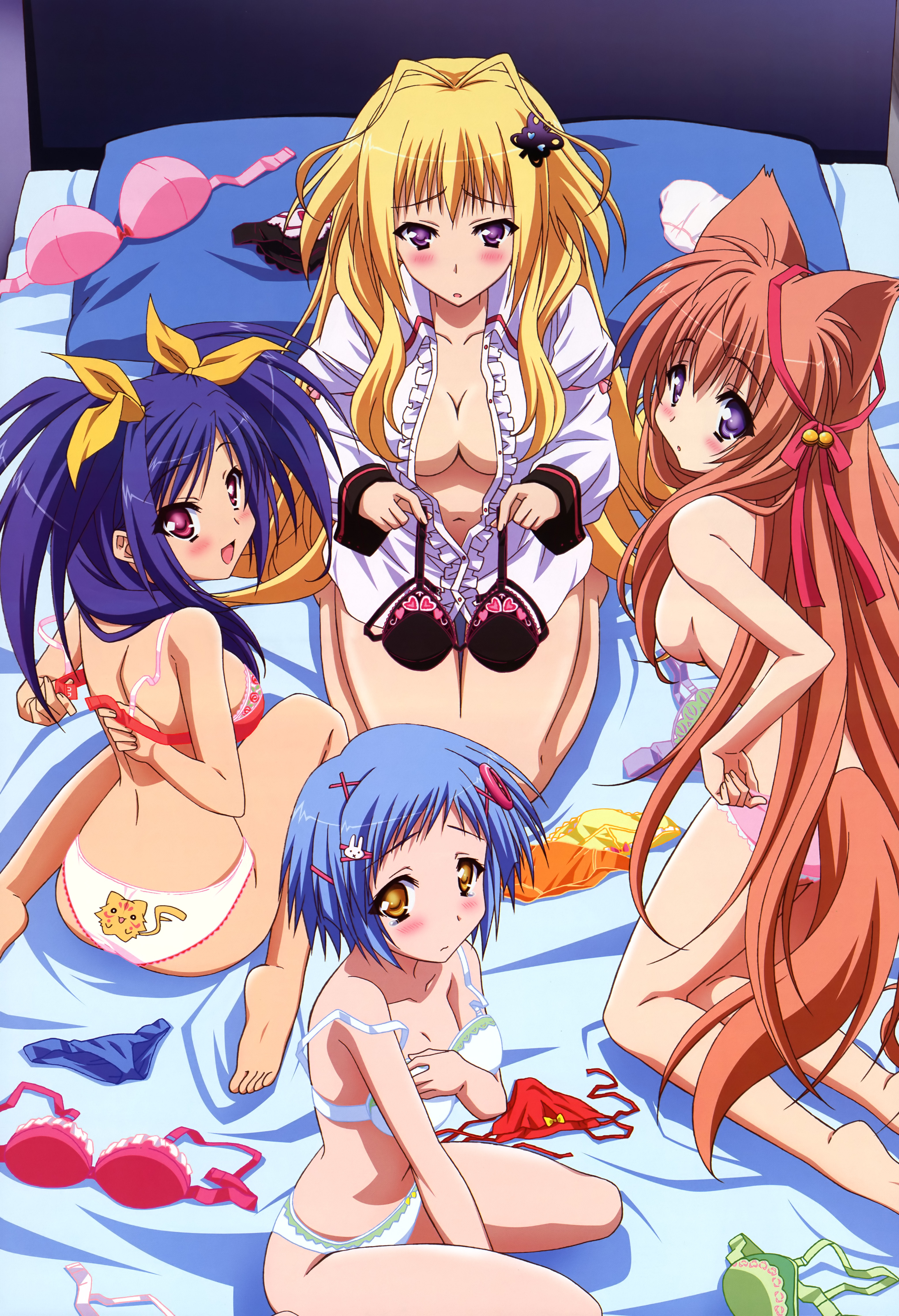 noda megumi (artist), kawai ameri, kisaragi mifuyu, mito mashiro, takanashi yumina, nyantype, tayutama, absurdres, highres, non-web source, official art, scan, 00s, 4girls, animal ears, barefoot, blonde hair, blue hair, blush, bra, breasts, brown hair, cleavage, lingerie, long hair, medium breasts, multiple girls, open clothes, open shirt, panties, purple eyes, shirt, short hair, sideboob, small breasts, topless female, twintails, underwear, underwear only, undressing