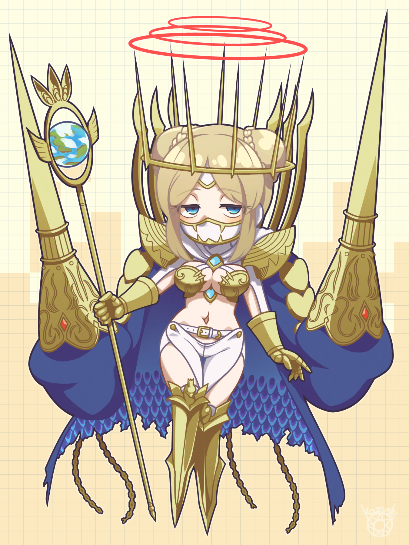 kozushi623, junomon, digimon, commentary request, highres, partial commentary, variant set, 1girl, armor, armored boots, belt, blonde hair, blue coat, blue eyes, blue gemstone, boobplate, boots, braid, braided bun, breastplate, breasts, chain, chibi, chibi only, cleavage, clothing cutout, coat, covered mouth, crown, digimon (creature), double blade, double bun, floating, full body, gauntlets, gem, gold armor, gold chain, gold crown, groin, hair bun, half-closed eyes, heart, holding, holding staff, hood, hood down, hooded shrug, large breasts, looking at viewer, mask, mouth mask, multiple halos, navel, ninja mask, pants, parted bangs, shoulder armor, shrug (clothing), sidelocks, signature, solo, staff, stomach, thigh cutout, torn clothes, torn coat, white belt, white mask, white pants, white shrug