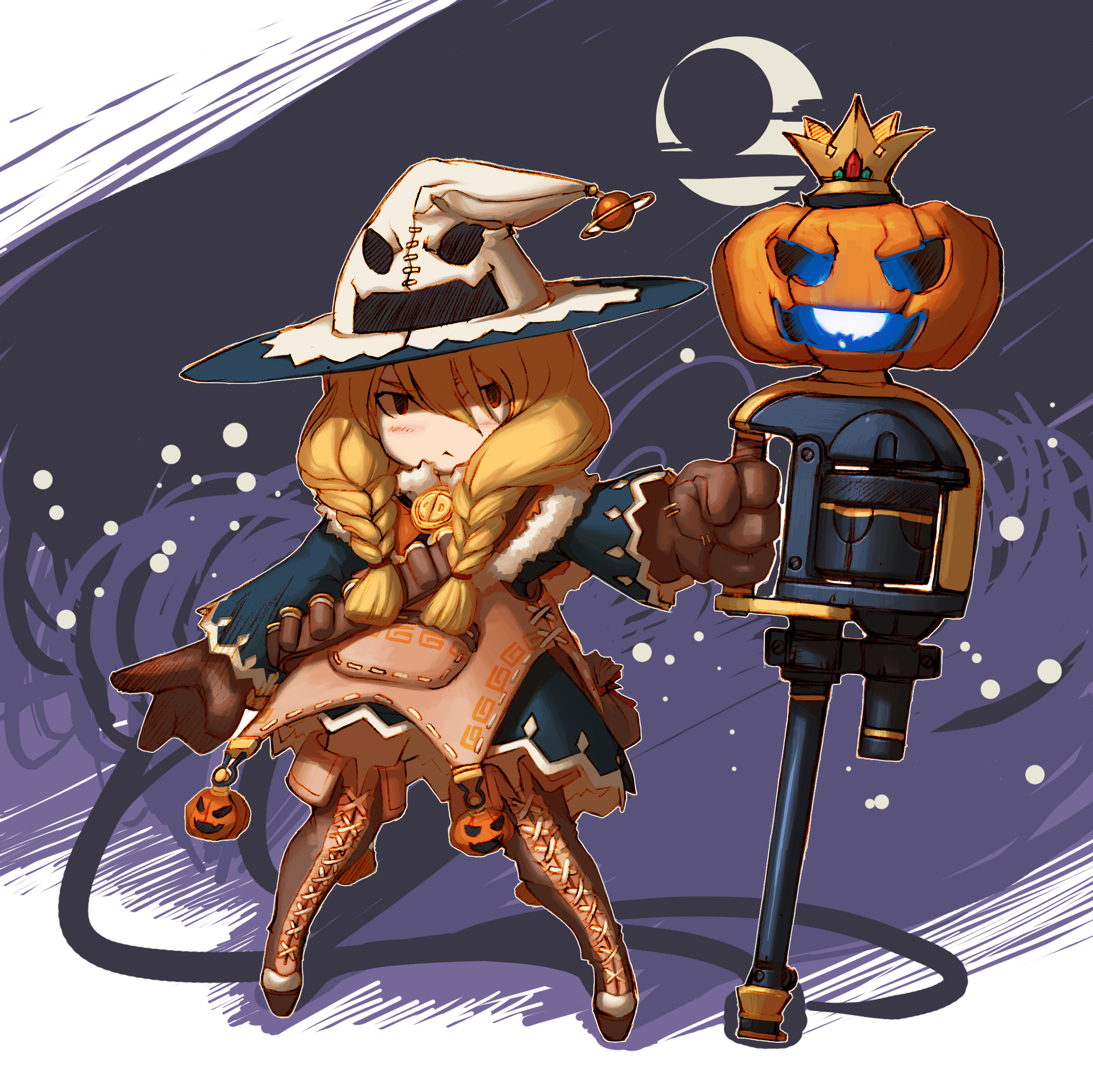 tsunekun, original, bad id, bad pixiv id, highres, 1girl, blonde hair, boots, braid, crescent moon, female focus, gloves, gun, hair over shoulder, handgun, hat, jack-o'-lantern, long hair, looking at viewer, moon, pumpkin, red eyes, revolver, solo, twin braids, weapon, witch, witch hat
