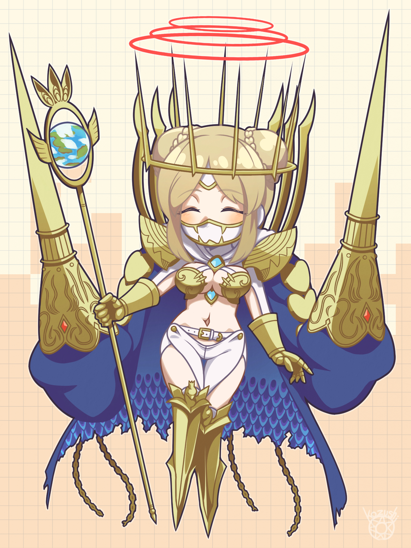 kozushi623, junomon, digimon, commentary request, highres, partial commentary, variant set, 1girl, ^ ^, armor, armored boots, belt, blonde hair, blue coat, blue gemstone, boobplate, boots, braid, braided bun, breastplate, breasts, chain, chibi, chibi only, cleavage, closed eyes, clothing cutout, coat, coat on shoulders, covered mouth, crown, digimon (creature), double blade, double bun, floating, full body, gauntlets, gem, gold armor, gold chain, gold crown, groin, hair bun, heart, holding, holding staff, hood, hood down, hooded shrug, large breasts, mask, mouth mask, multiple halos, navel, ninja mask, pants, parted bangs, shoulder armor, shrug (clothing), sidelocks, signature, solo, staff, stomach, thigh cutout, torn clothes, torn coat, white belt, white mask, white pants, white shrug