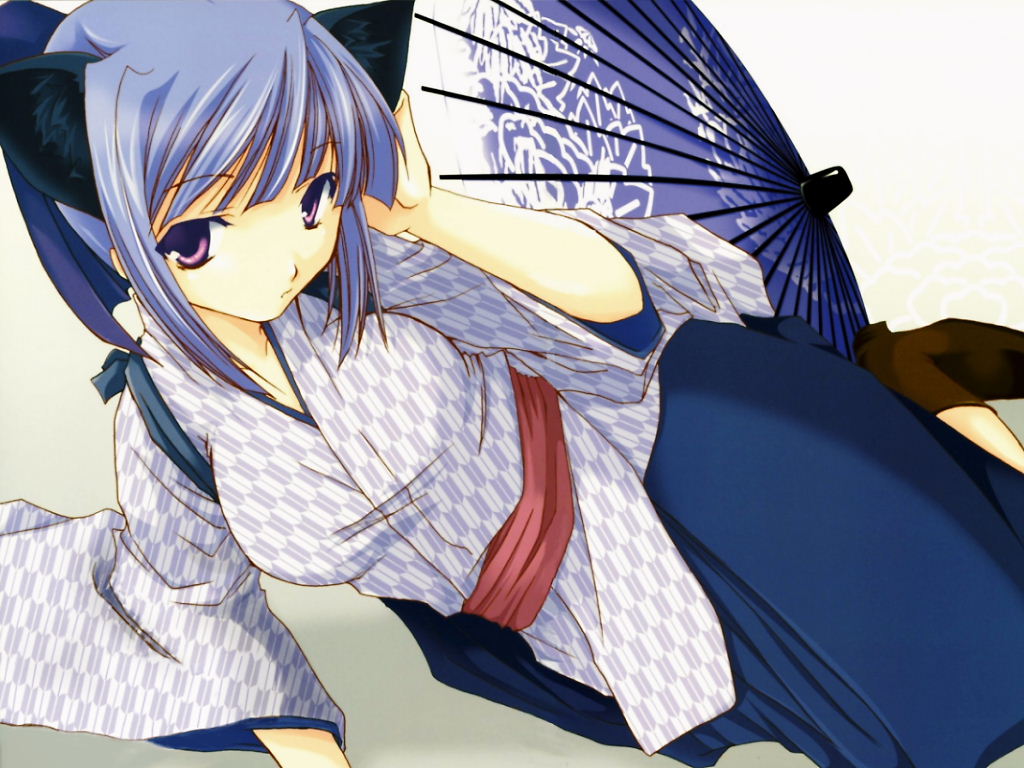 suzuki botan, pastel chime, pastel chime continue, 1girl, adjusting hair, animal ears, blue hair, blue hakama, boots, breasts, cat ears, cat girl, female focus, hakama, hakama skirt, japanese clothes, kimono, large breasts, lying, meiji schoolgirl uniform, oil-paper umbrella, parasol, purple eyes, skirt, solo, umbrella, yagasuri