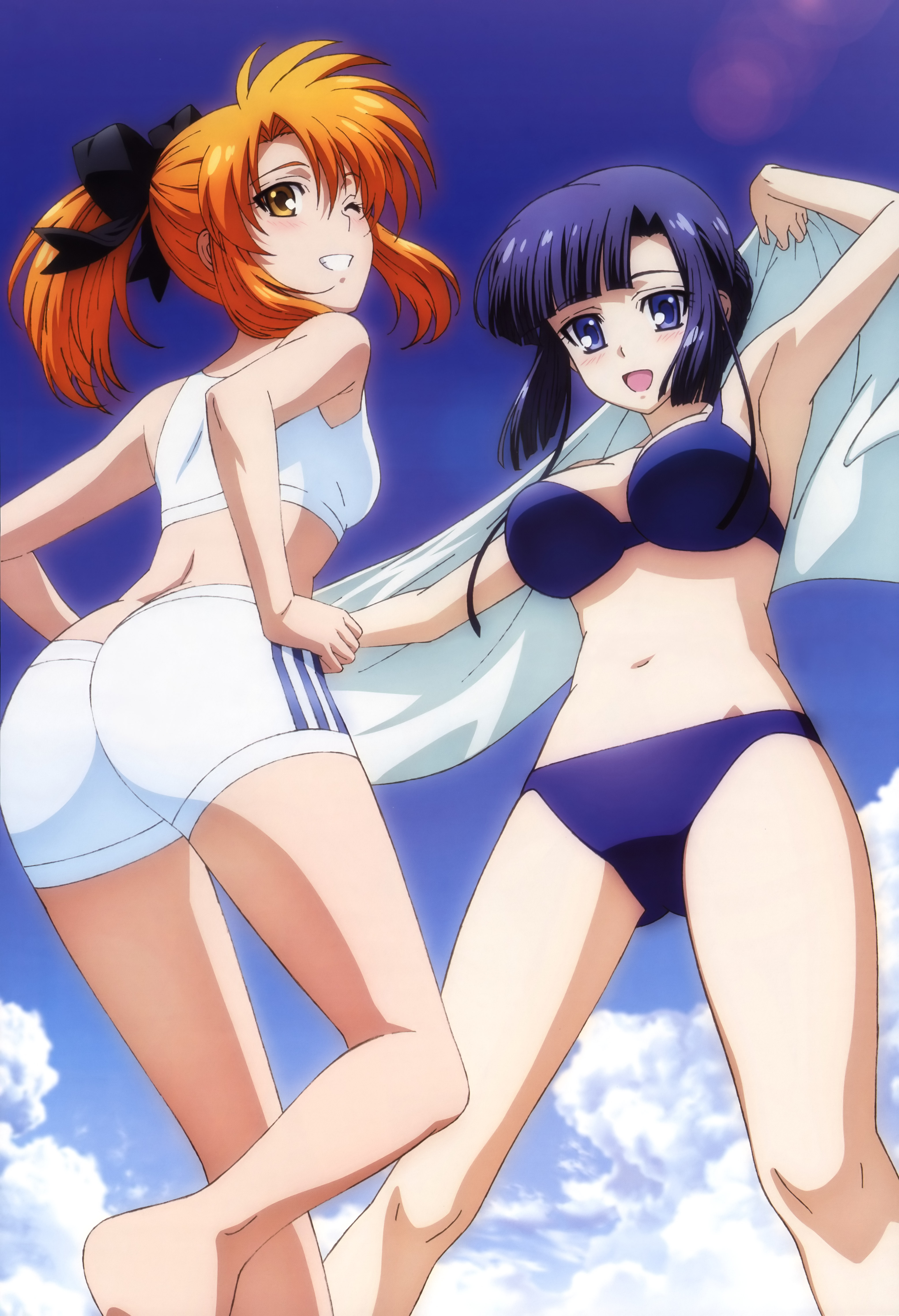 komori atsushi, minakami misao, takatsuki kanade, asura cryin', nyantype, absurdres, highres, non-web source, official art, scan, 00s, 2girls, armpits, ass, barefoot, bikini, blue eyes, blue hair, brown eyes, cloud, day, lens flare, multiple girls, one eye closed, orange hair, ponytail, short hair, sky, swimsuit, wink