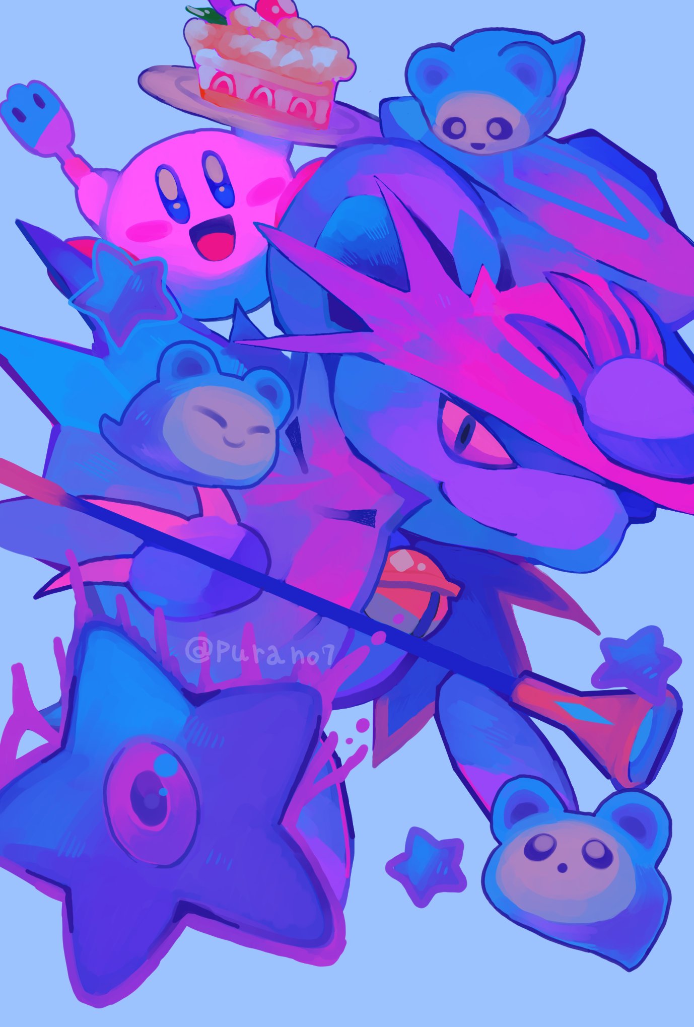 purano7, dark nebula, daroach, kirby, squeakers, kirby: squeak squad, kirby (series), nintendo, highres, :d, :o, animal ears, blue background, blue eyes, claws, closed eyes, closed mouth, colored skin, cool colored, creature, food, hat, holding, holding plate, mouse ears, open mouth, pie, pink skin, plate, smile, star (symbol)