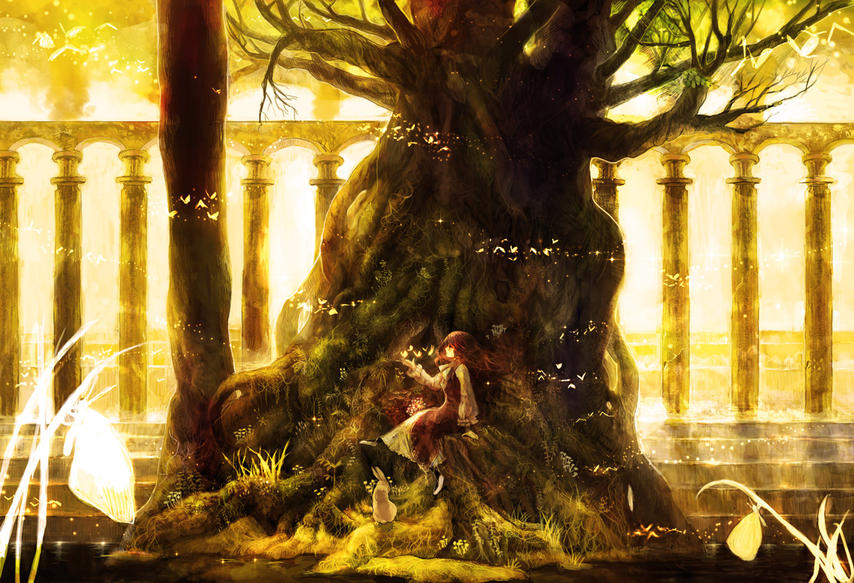 chibi (artist), chibi (shimon), original, 1girl, bug, butterfly, female focus, floating hair, flower, from side, glowing, grass, insect, nature, outdoors, rabbit, sitting, solo, tree, water, yellow theme