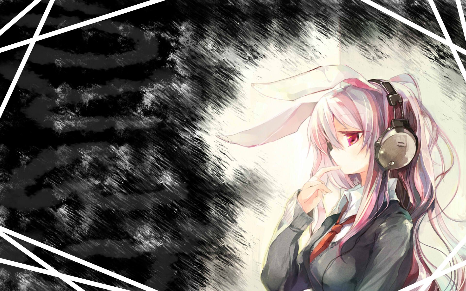 yudesoba, reisen udongein inaba, touhou, highres, 1girl, animal ears, female focus, hair over one eye, headphones, long hair, necktie, pink eyes, pink hair, rabbit ears, solo