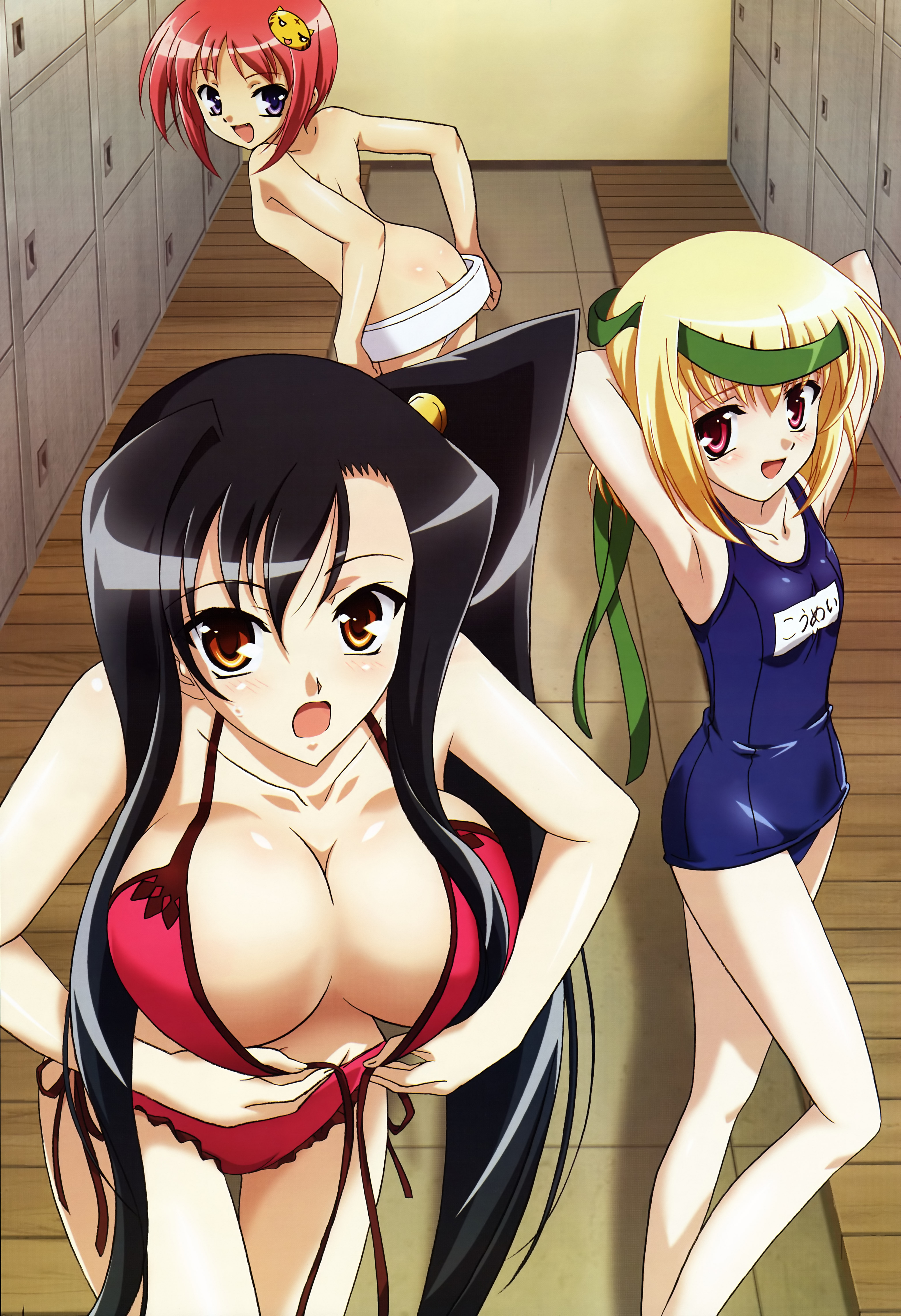 hiratsuka tomoya, chouhi (koihime musou), kan'u (koihime musou), shokatsuryou (koihime musou), koihime musou, nyantype, absurdres, highres, non-web source, official art, scan, translation request, 00s, 3girls, ass, bikini, black hair, blonde hair, breasts, brown eyes, butt crack, cleavage, downpants, flat chest, front-tie top, huge breasts, lingerie, multiple girls, name tag, one-piece swimsuit, panties, ponytail, purple eyes, red hair, school swimsuit, side-tie bikini bottom, swimsuit, underwear