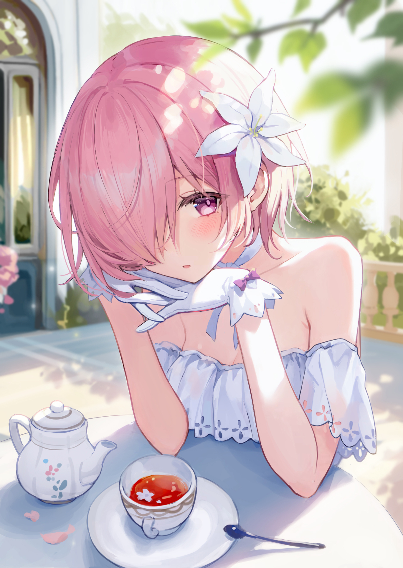 azusa (980650076), mash kyrielight, mash kyrielight (formal dress), fate/grand order, fate (series), highres, 1girl, bare shoulders, blush, breasts, cleavage, dress, flower, gloves, hair flower, hair ornament, hair over one eye, large breasts, looking at viewer, pink hair, purple eyes, short hair, solo, white dress, white gloves