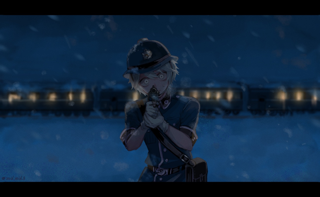 tendenbarabara, victor grantz, victor grantz (sheriff), identity v, 1boy, aiming, aiming at viewer, bag, blizzard, blonde hair, blue jacket, custodian helmet, gloves, gun, handgun, head tilt, helmet, holding, holding gun, holding weapon, jacket, male focus, official alternate costume, police, revolver, satchel, short-sleeved jacket, short sleeves, solo, sweatdrop, train, upper body, weapon, white eyes, white gloves, white trim