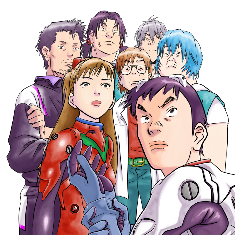 kinkuro, kurou (kinkuro), aida kensuke, ayanami rei, endou kenji, fukubei, horaki hikari, ikari shinji, maruo, maruo (20th century boys), nagisa kaworu, ochiai chouji, setoguchi yukiji, shimon masaaki, souryuu asuka langley, suzuhara touji, yoshitsune (20th century boys), 20th century boys, neon genesis evangelion, commentary, translation request, 3girls, 4boys, blue hair, brown hair, cosplay, freckles, glasses, interface headset (evangelion), mecha pilot suit, multiple boys, multiple girls, parody, plugsuit (evangelion), school uniform, style parody