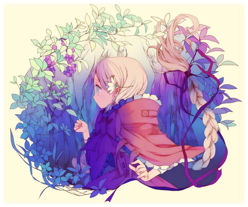puti devil, little red riding hood (fairy tale character), little red riding hood (fairy tale), original, art nouveau, blonde hair, blue eyes, braid, food, from side, fruit, long hair, object behind ear, plant, solo, very long hair, yellow background