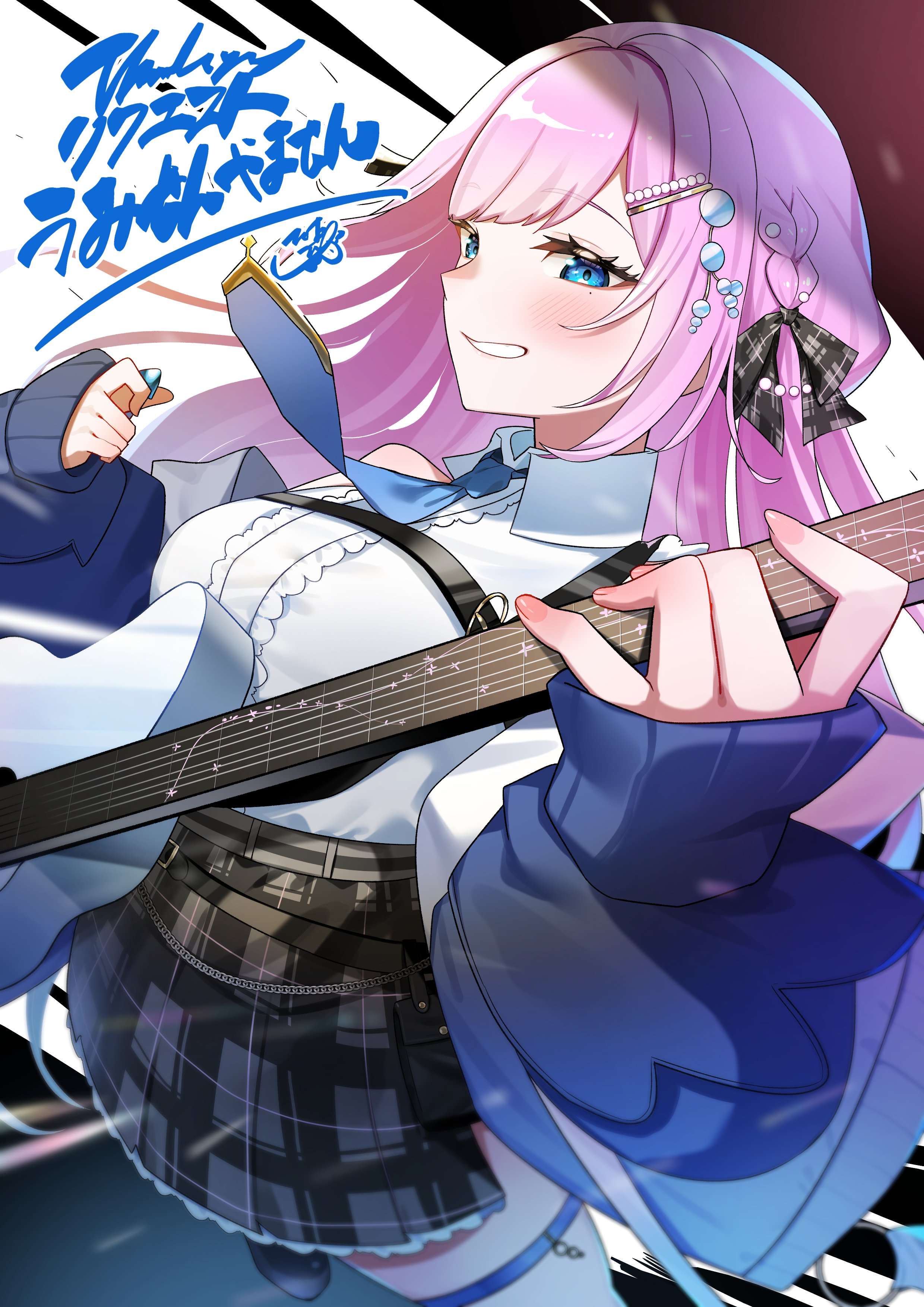 sui hi sf, indie virtual youtuber, absurdres, commission, highres, skeb commission, 1girl, black ribbon, black skirt, blue eyes, blue necktie, blush, braid, breasts, chest strap, guitar, hair ornament, hair ribbon, holding, holding guitar, holding instrument, holding plectrum, instrument, long hair, necktie, pink hair, plaid clothes, plaid skirt, plectrum, ribbon, shirt, skirt, sleeves past wrists, solo, tansansui (vtuber), thigh strap, virtual youtuber, white shirt