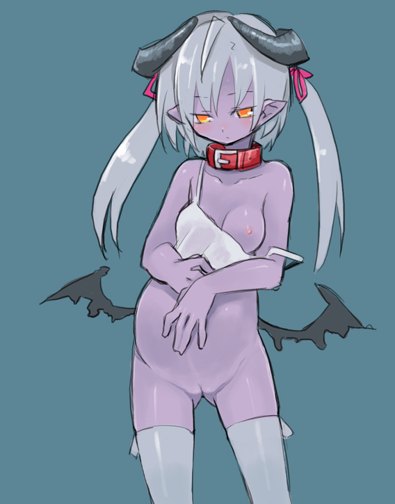 shigehiro (hiroi heya), silver hair, character request, source request, 1girl, bottomless, breast slip, breasts, collar, colored skin, demon girl, female focus, horns, low wings, medium breasts, nipple slip, nipples, one breast out, orange eyes, pointy ears, pregnant, purple skin, simple background, solo, thighhighs, twintails, wings