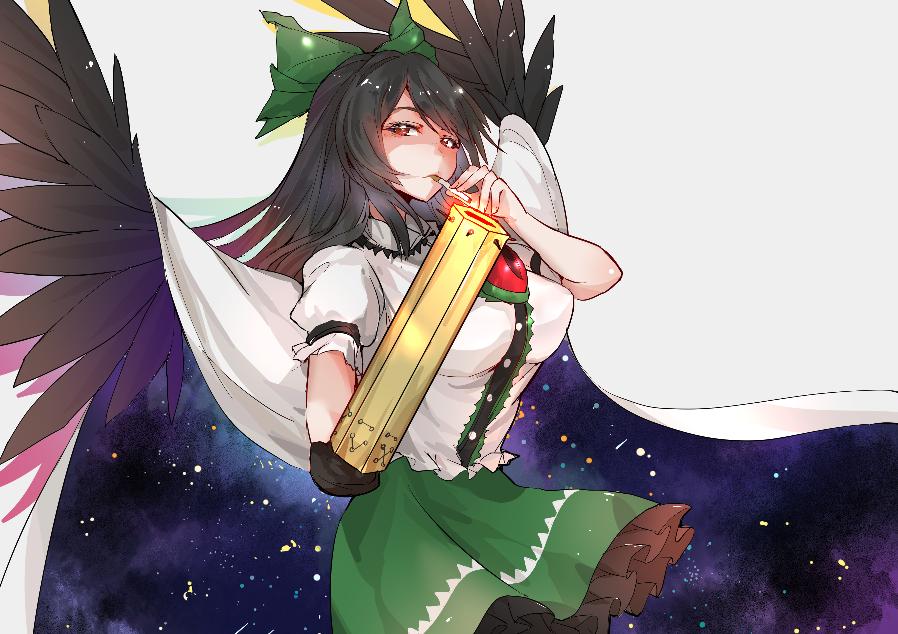 reiuji utsuho, touhou, absurdres, highres, 1girl, arm cannon, black hair, bow, cigarette, feathered wings, green bow, green skirt, hair bow, holding, holding cigarette, long hair, looking at viewer, red eyes, shirt, skirt, smoking, solo, weapon, white background, white shirt, wings, yingtong
