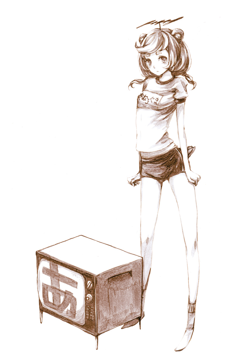 reika (artist), reika (clovia studio), analoguma, japan commercial broadcasters association, highres, traditional media, 1girl, brown theme, female focus, monochrome, short shorts, shorts, solo, television